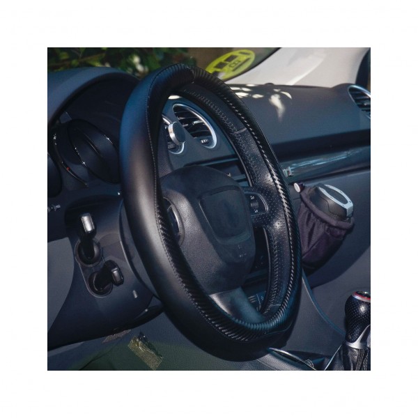 Funda de Volante Transpirable efecto Piel en Color Negro y Fibra de Carbono, Universal para Volnates 37-39cm diametro